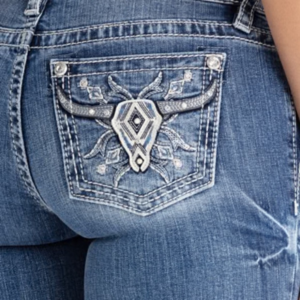 NEW Miss Me Denim Boot Cut Jeans with Intricate Pocket Design
